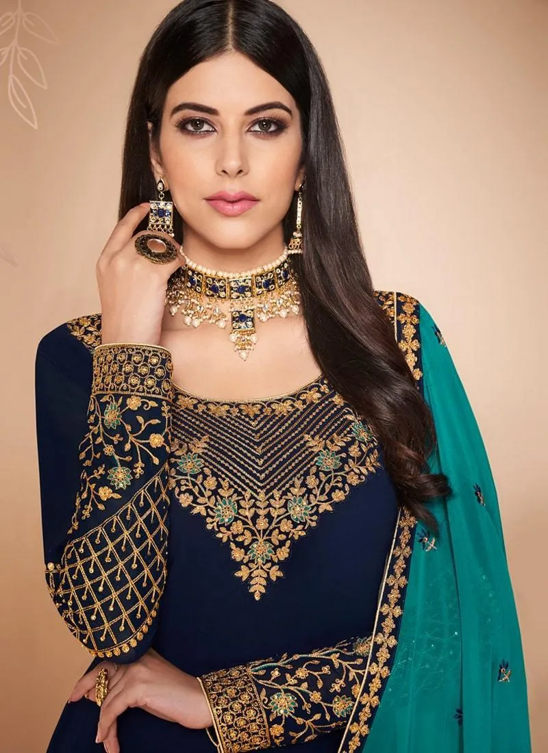 Adorable Navy Blue Color Georgette Fabric Zari Work Pant Style Suit