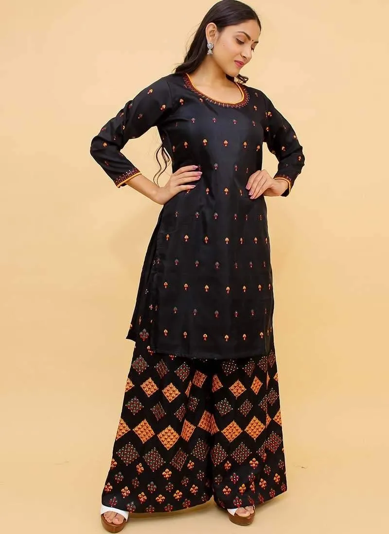 Amazing Black Color Resham Work Georgette Fabric Palazzo Salwar Suit