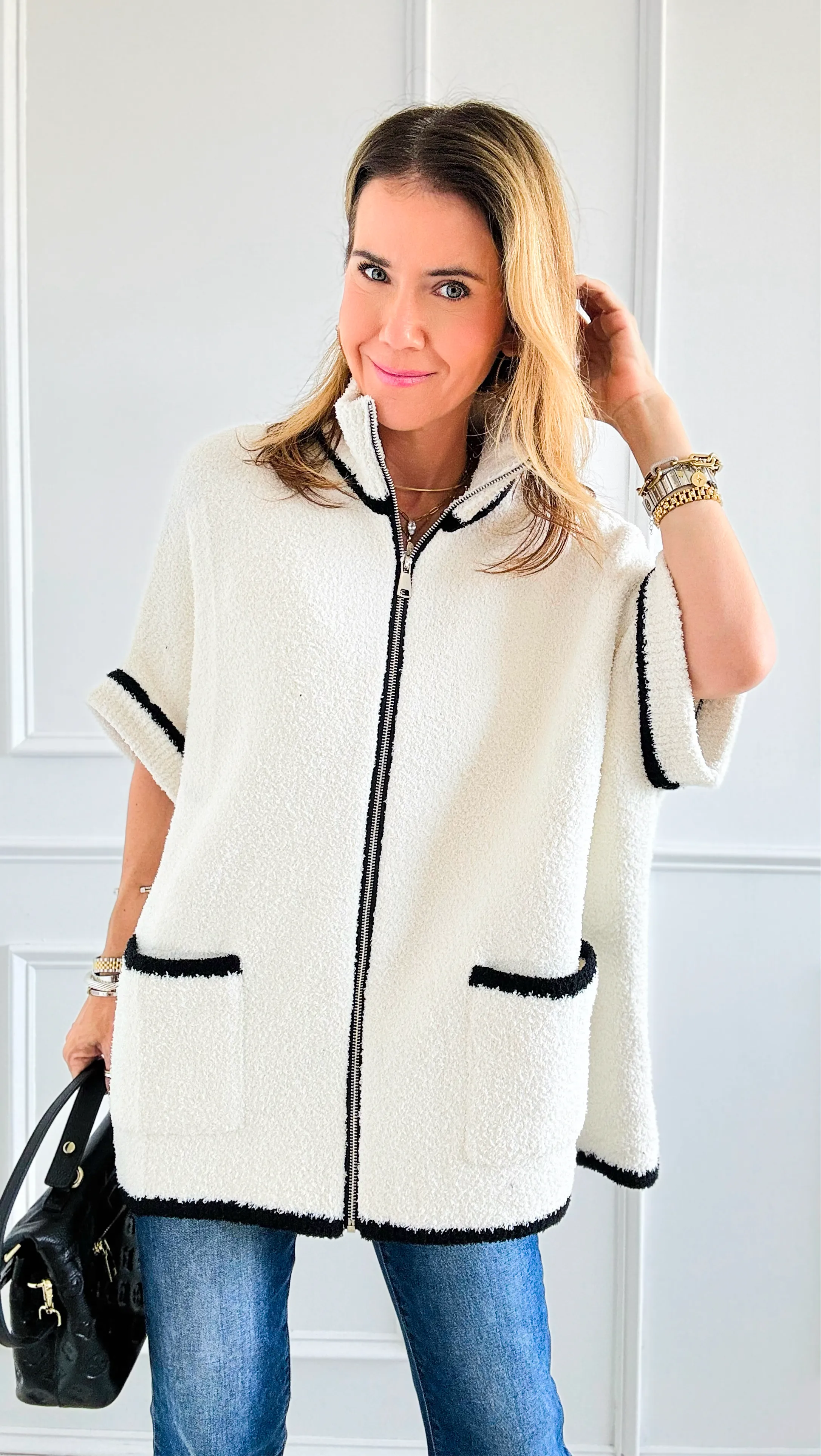 Colored Edge Zipper Jacket - Ivory