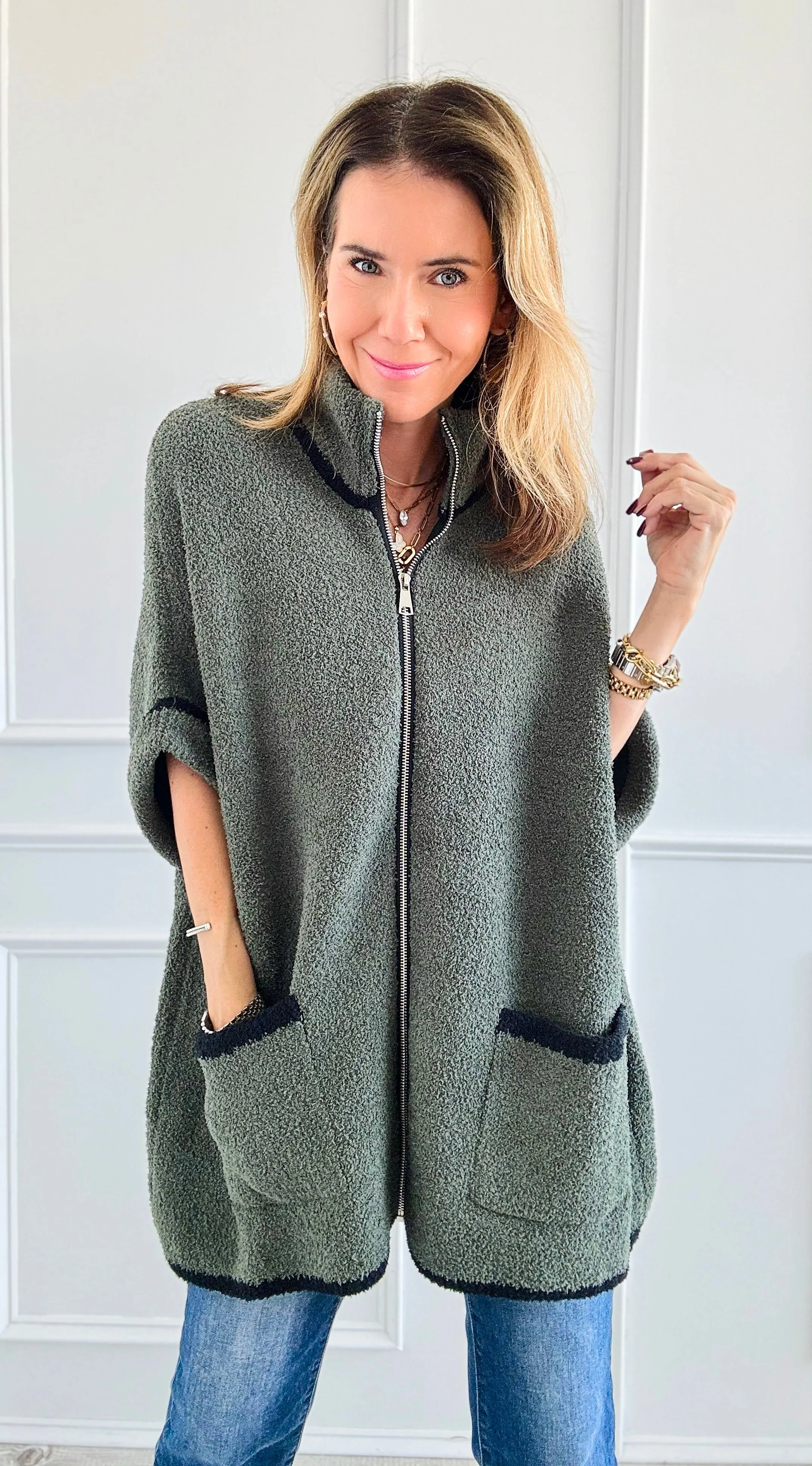 Colored Edge Zipper Jacket - Olive