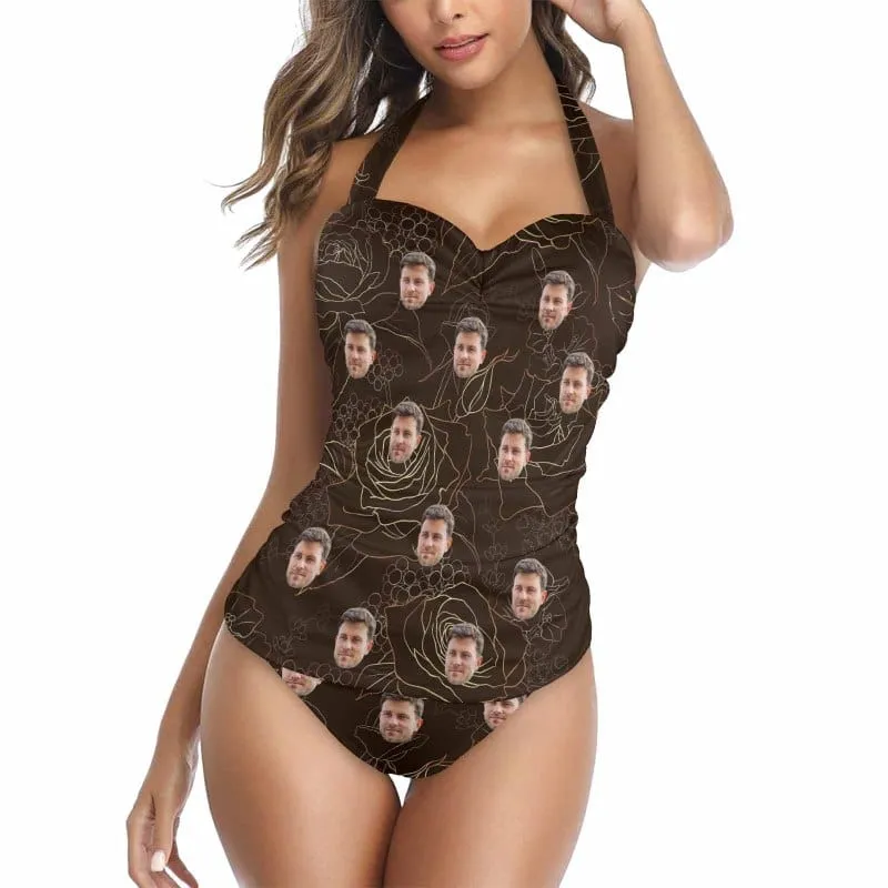 Custom Face Line Rose Strap Personalized One-piece Retro Bikini Swimsuit & Beach Wrap Set Custom One Piece Bathing Suits