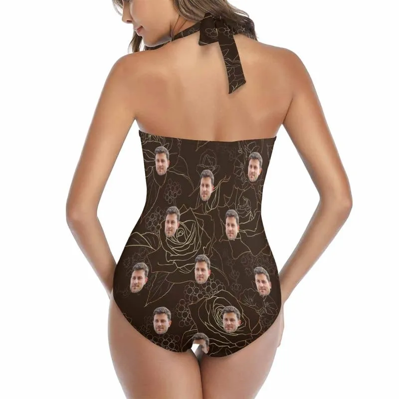 Custom Face Line Rose Strap Personalized One-piece Retro Bikini Swimsuit & Beach Wrap Set Custom One Piece Bathing Suits
