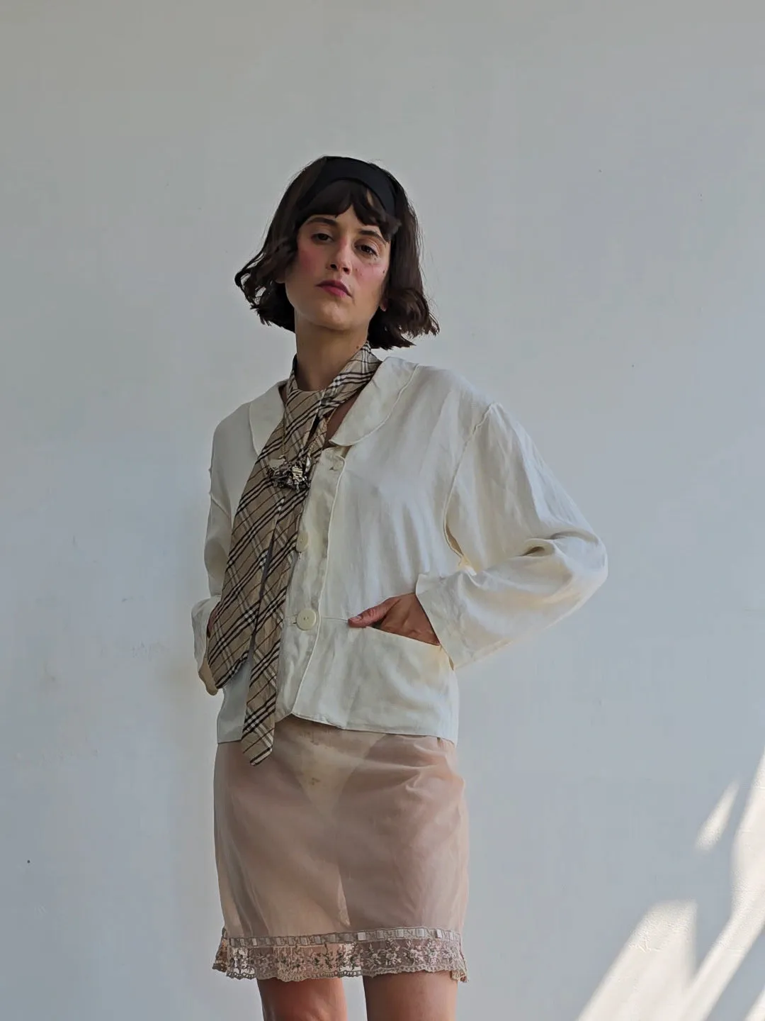 Eggshell Stitched Linen Jacket (M)