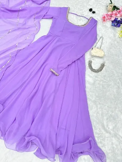 Lavender Pure Georgette Flair Anarkali Gown With Dupatta