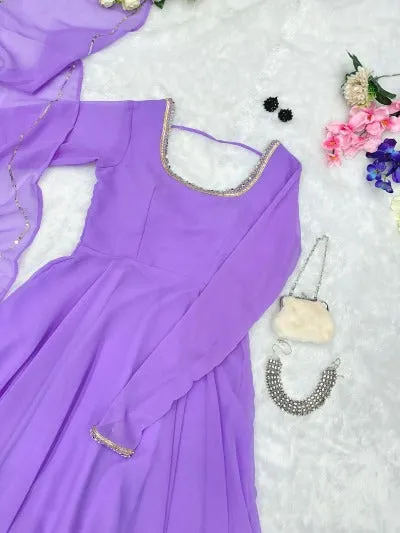 Lavender Pure Georgette Flair Anarkali Gown With Dupatta