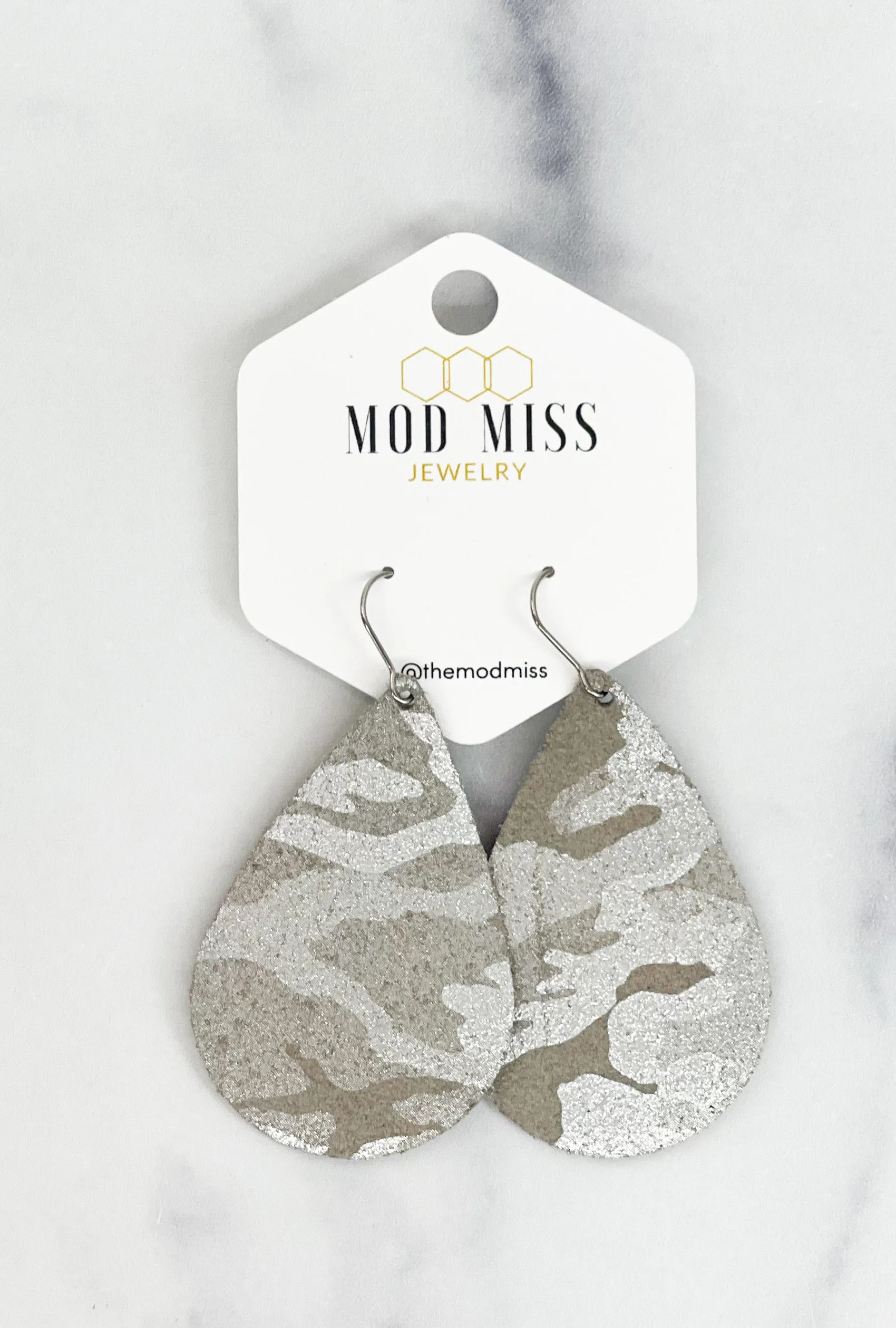Leather Teardrop Earring Camo Green