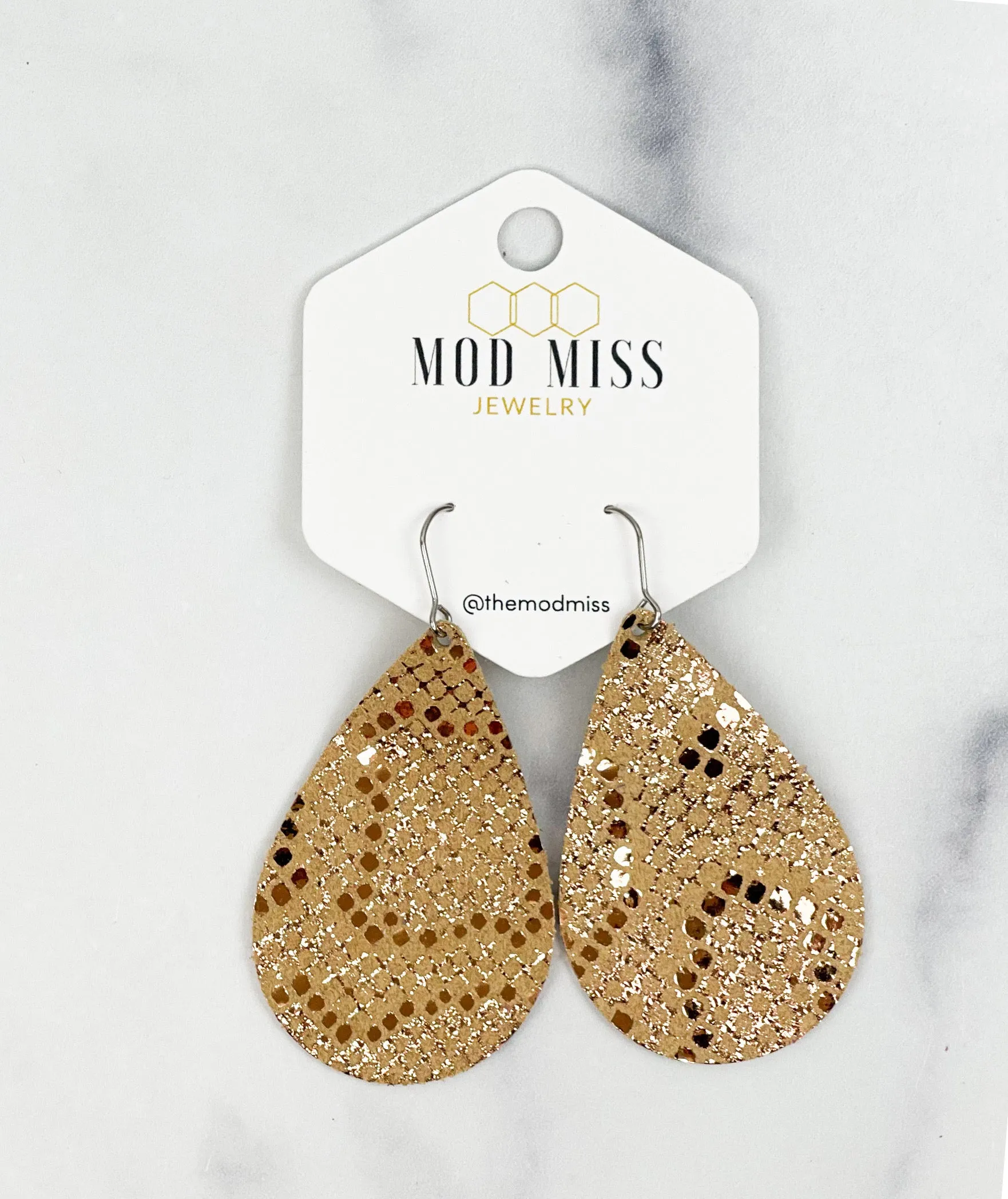 Leather Teardrop Earring Snakeskin Gold