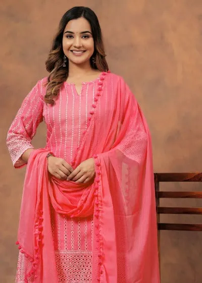 Peach Cotton Schiffli Summer Wear Salwar Suit Set