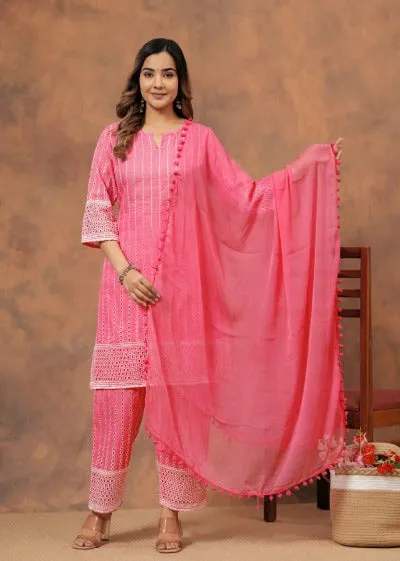 Peach Cotton Schiffli Summer Wear Salwar Suit Set