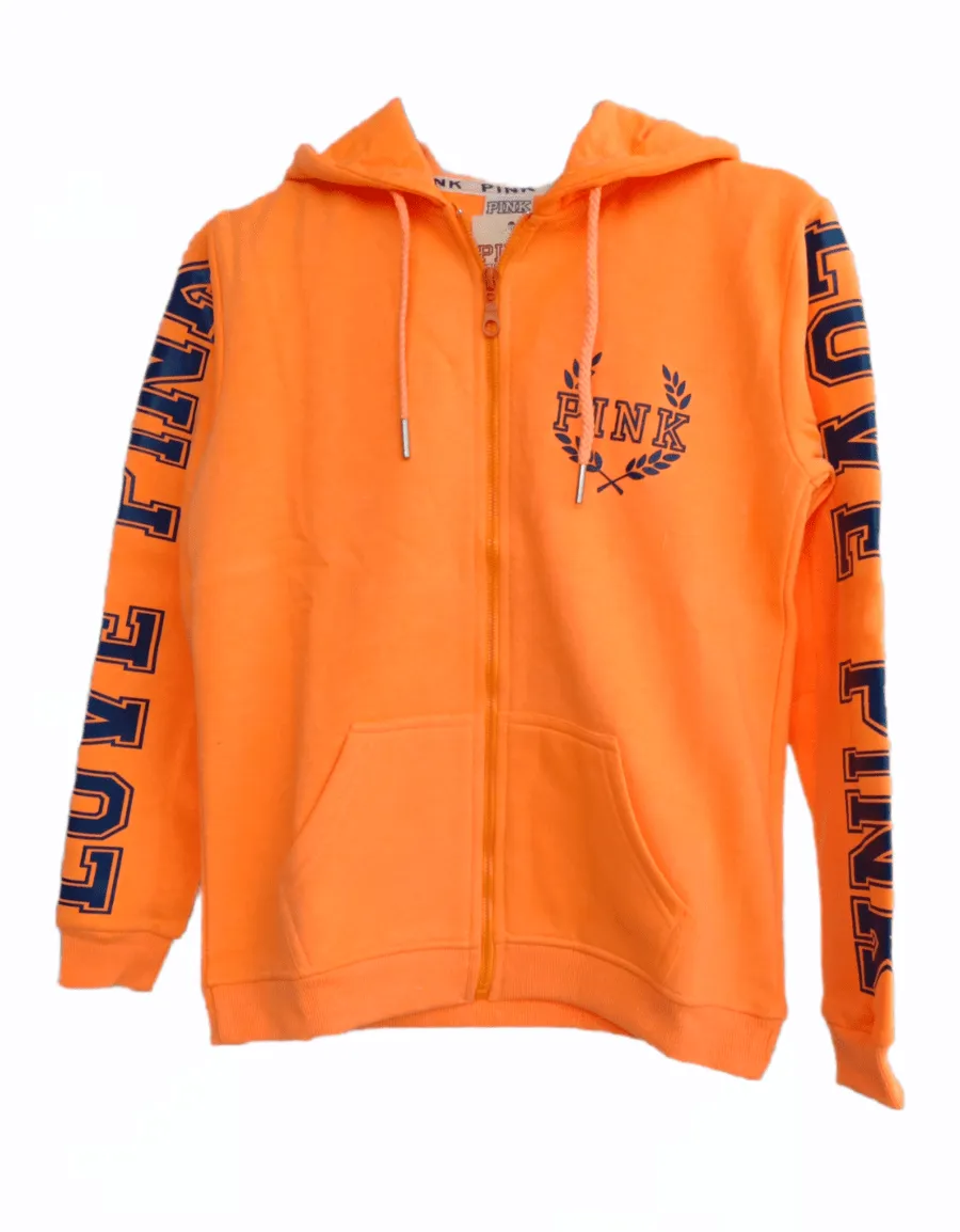 PINK Women Hoodie Jacket - Shoulder Print - Neon Orange