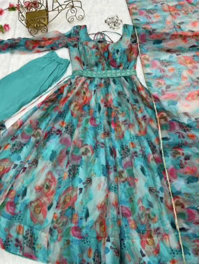 Teal Blue Organza Silk Anarkali Suit