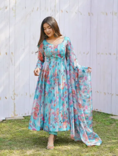 Teal Blue Organza Silk Anarkali Suit