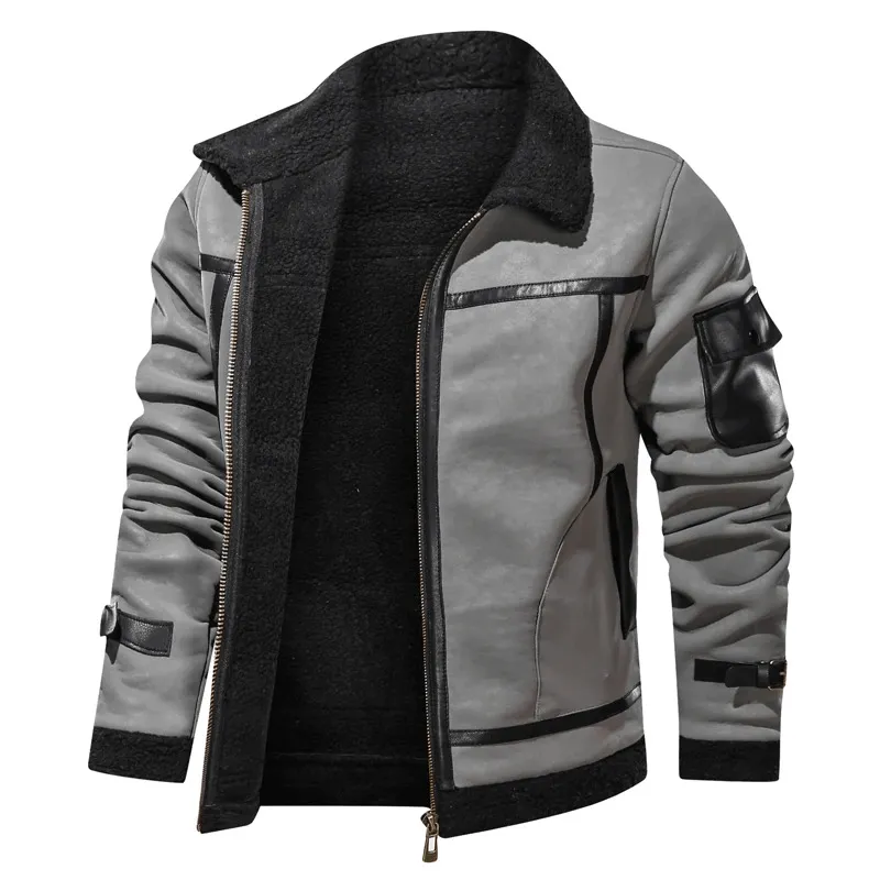 Vintage Turn-down Collar Zipper Leather Jackets / Motorcycle Men's Jackets with Pocket on Sleeve