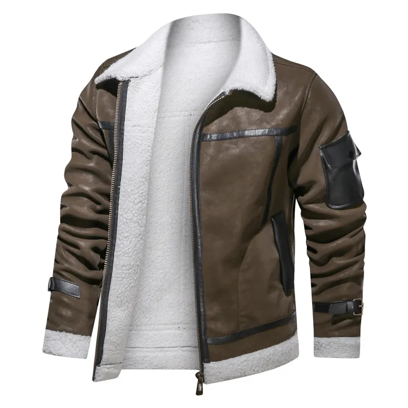 Vintage Turn-down Collar Zipper Leather Jackets / Motorcycle Men's Jackets with Pocket on Sleeve
