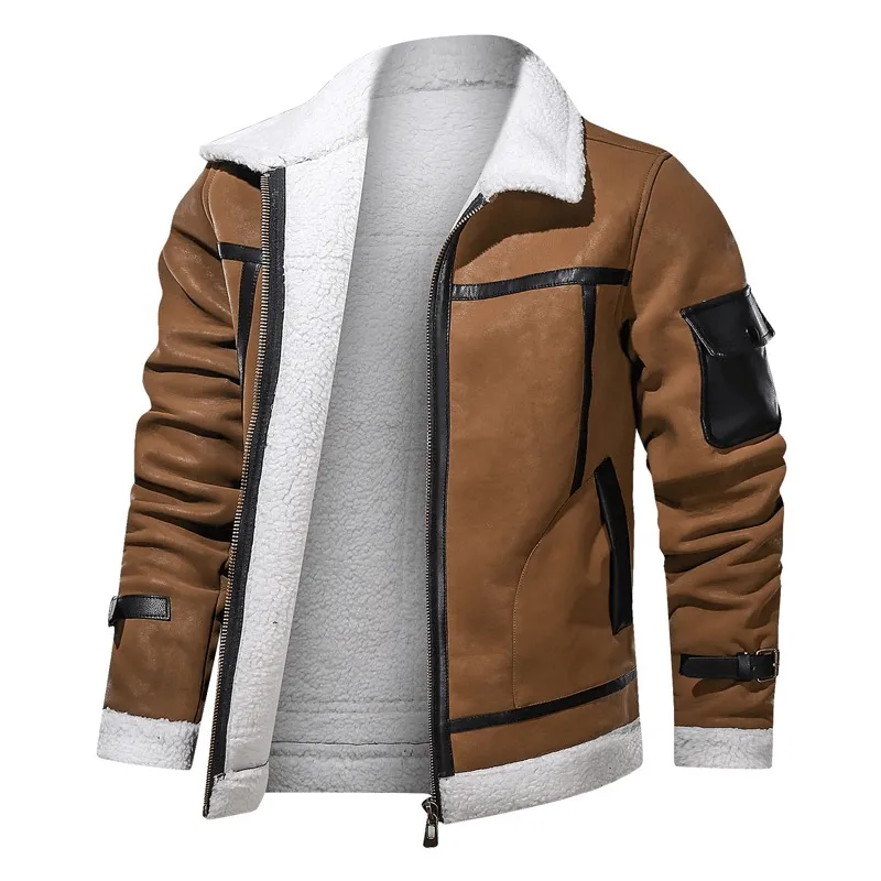 Vintage Turn-down Collar Zipper Leather Jackets / Motorcycle Men's Jackets with Pocket on Sleeve