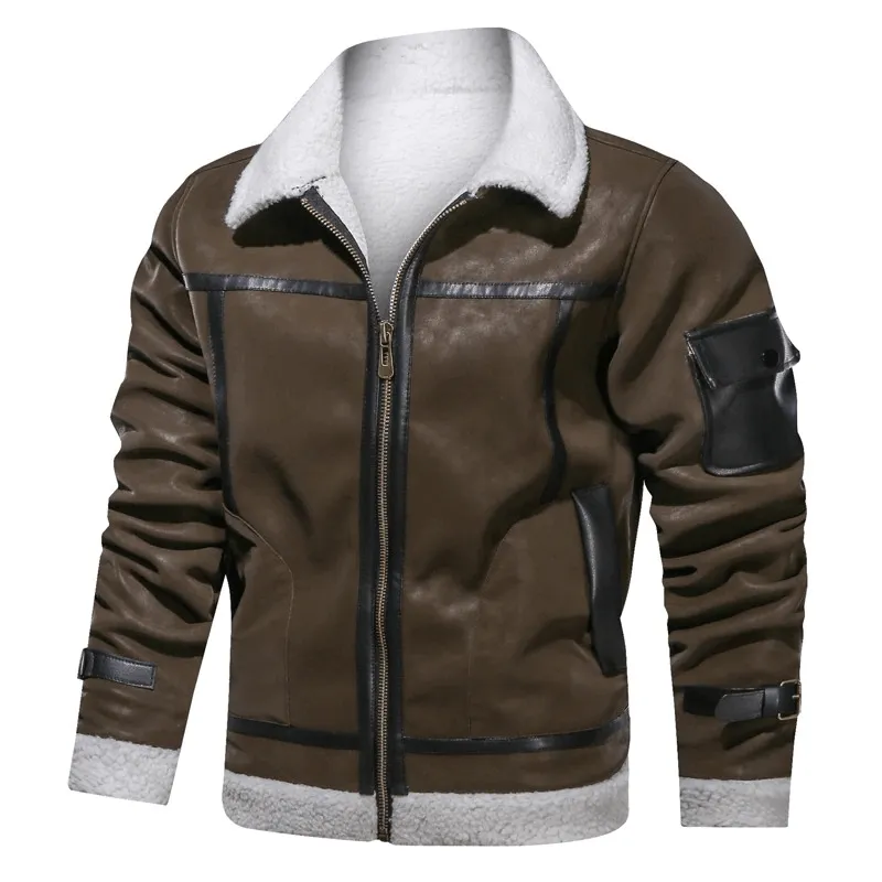 Vintage Turn-down Collar Zipper Leather Jackets / Motorcycle Men's Jackets with Pocket on Sleeve