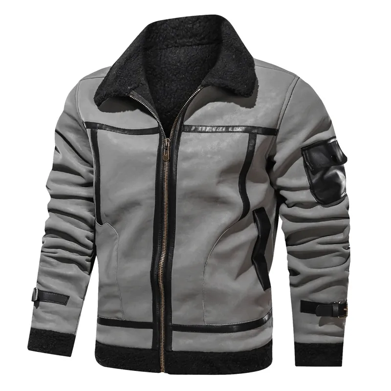 Vintage Turn-down Collar Zipper Leather Jackets / Motorcycle Men's Jackets with Pocket on Sleeve
