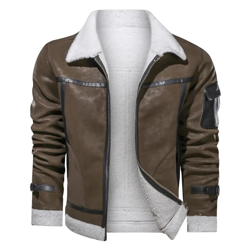 Vintage Turn-down Collar Zipper Leather Jackets / Motorcycle Men's Jackets with Pocket on Sleeve