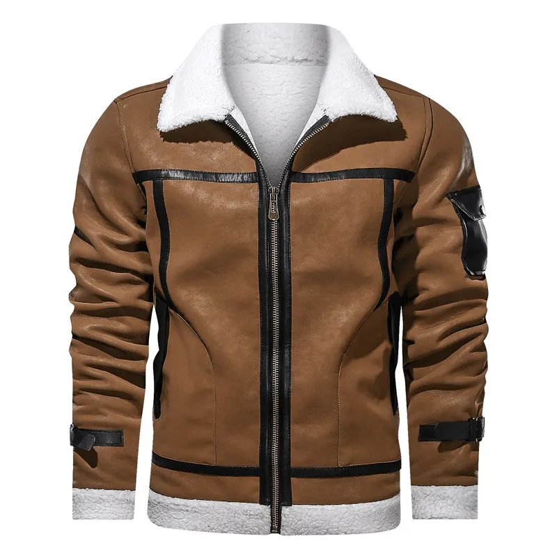 Vintage Turn-down Collar Zipper Leather Jackets / Motorcycle Men's Jackets with Pocket on Sleeve