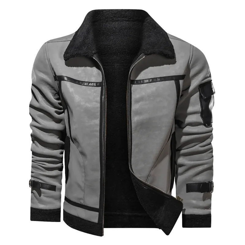 Vintage Turn-down Collar Zipper Leather Jackets / Motorcycle Men's Jackets with Pocket on Sleeve