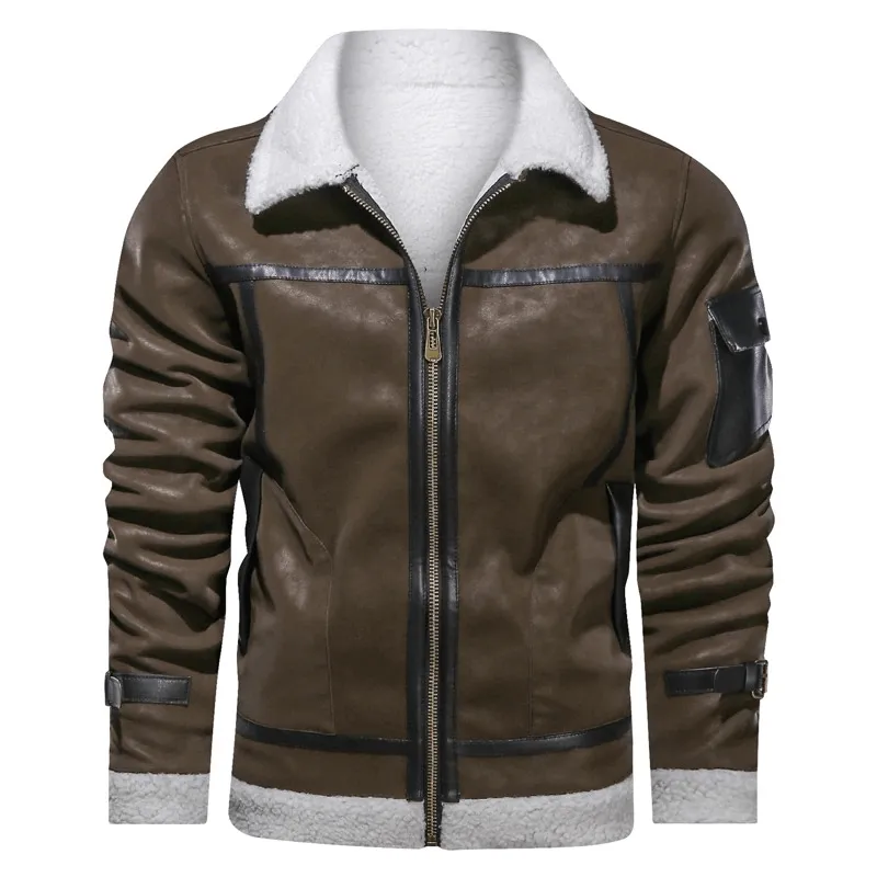 Vintage Turn-down Collar Zipper Leather Jackets / Motorcycle Men's Jackets with Pocket on Sleeve